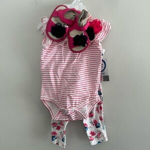 NEW Baby mode 6/9m Pink Striped tank Onesie with Floral Leggings and Shoes set